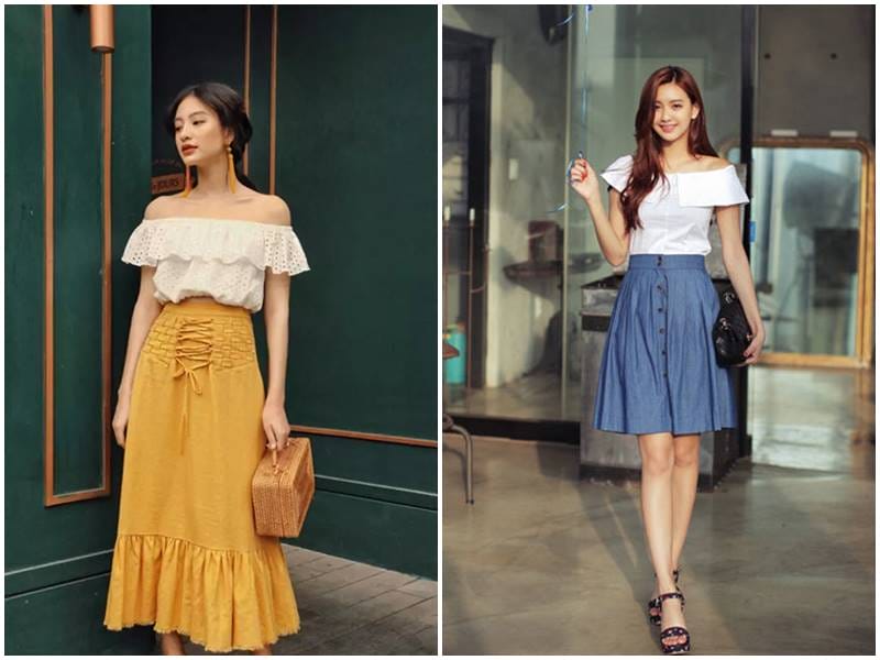  Áo trễ vai và chân váy dài